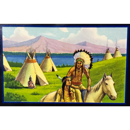 Native American encampment with teepees and mounted warrior on a rancheria pear label