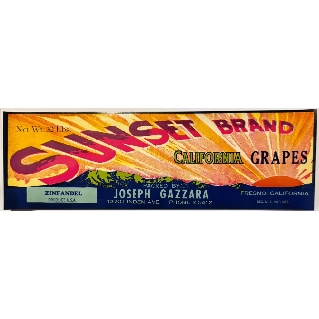 1950s Sunset Zinfandel Grape Crate Label – Fresno California Wine