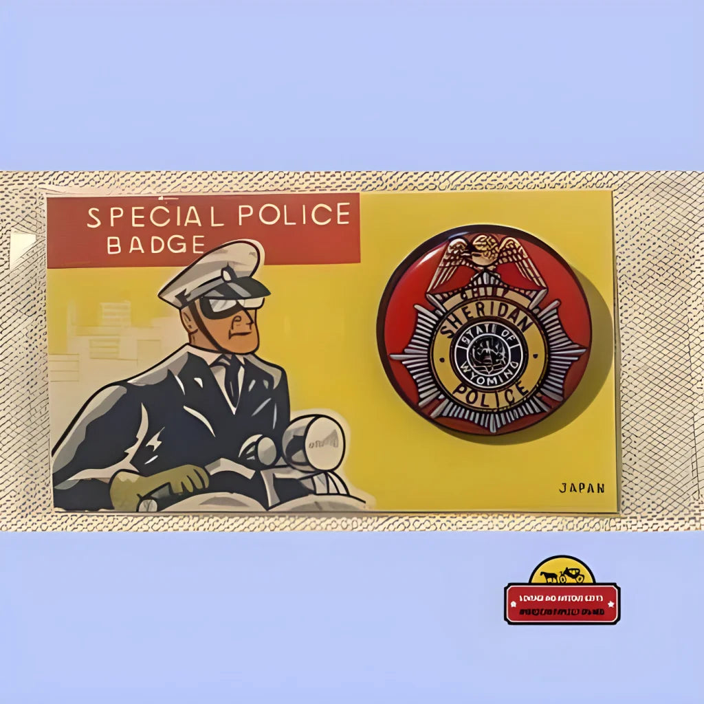 Vintage packaging for Rare 1950s Sheridan WY Special Police Badge toy with colorful design