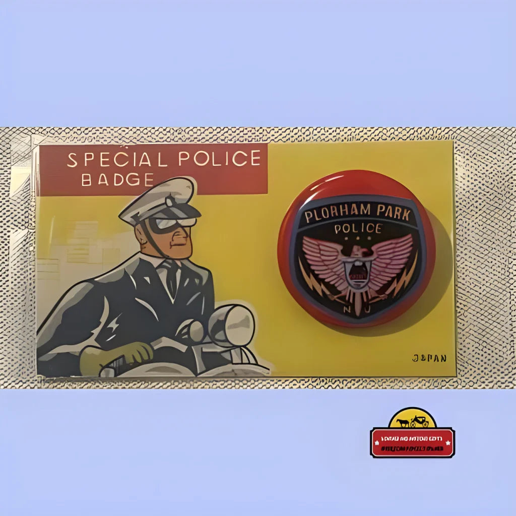 Vintage tin litho packaging for a Rare 1950s Special Police Badge with illustrated cop