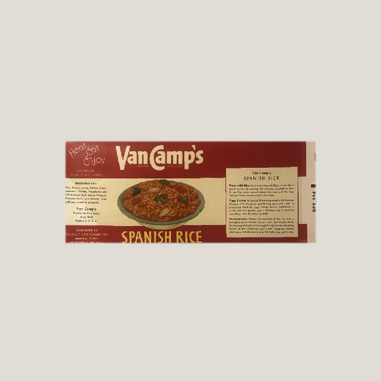 Box of Van Camp’s Spanish Rice from the 1950s vintage Van Camp’s label, rich in history