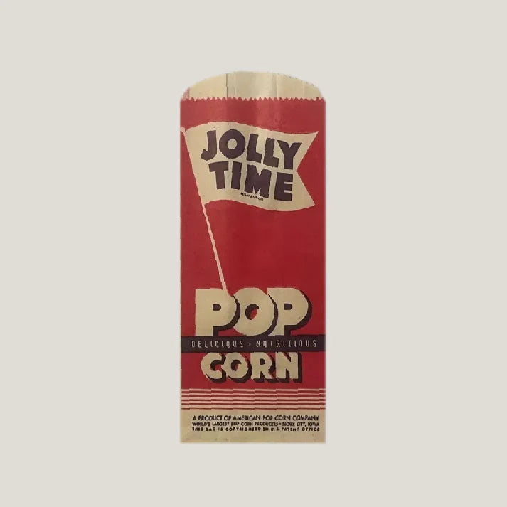 Red Jolly Time popcorn bag from vintage Jolly Time collectible by American Pop Corn Company