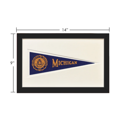 Vintage University Michigan wool felt Hormel pennant in navy blue frame