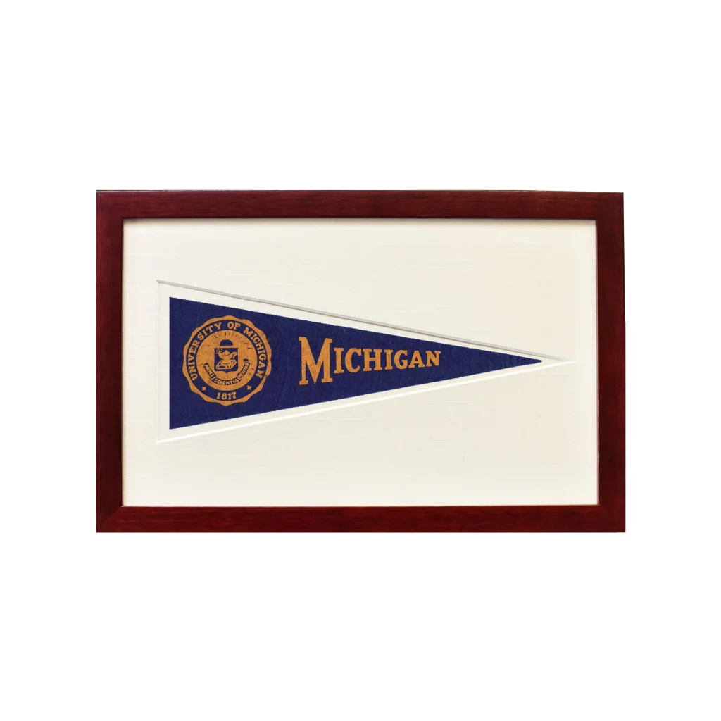 Framed vintage University Michigan wool felt pennant with gold lettering