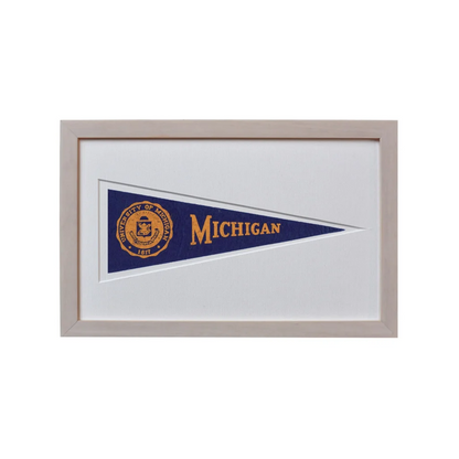 Rare 1950s vintage University Michigan wool felt pennant in navy blue gold frame