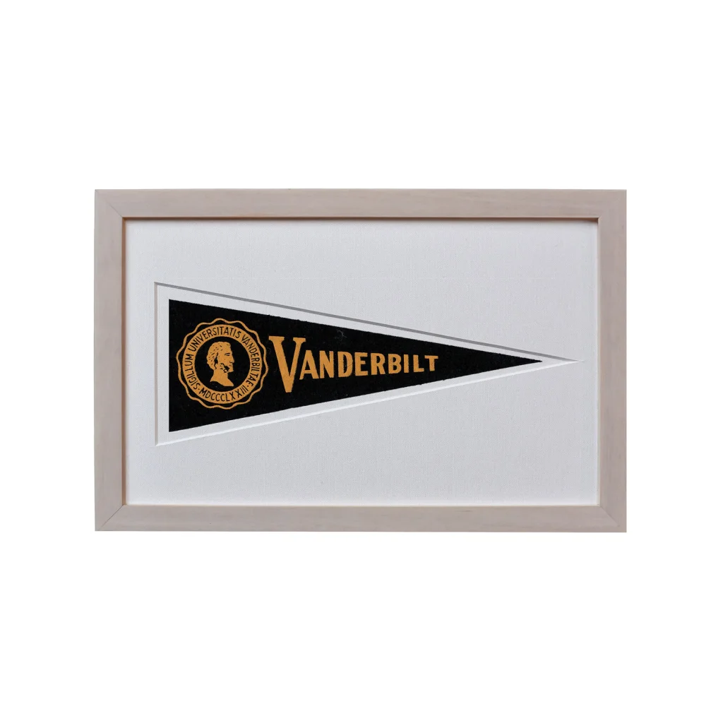Framed rare 1950s vintage Vanderbilt wool felt pennant flag in black gold