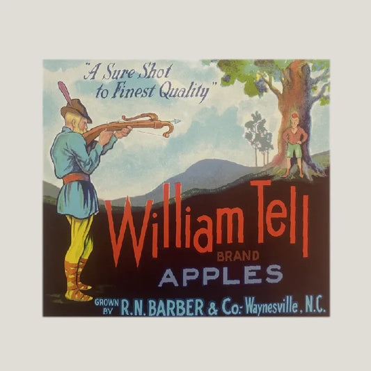 Vintage crate label featuring 1950s vintage William Tell and deer mark crate design