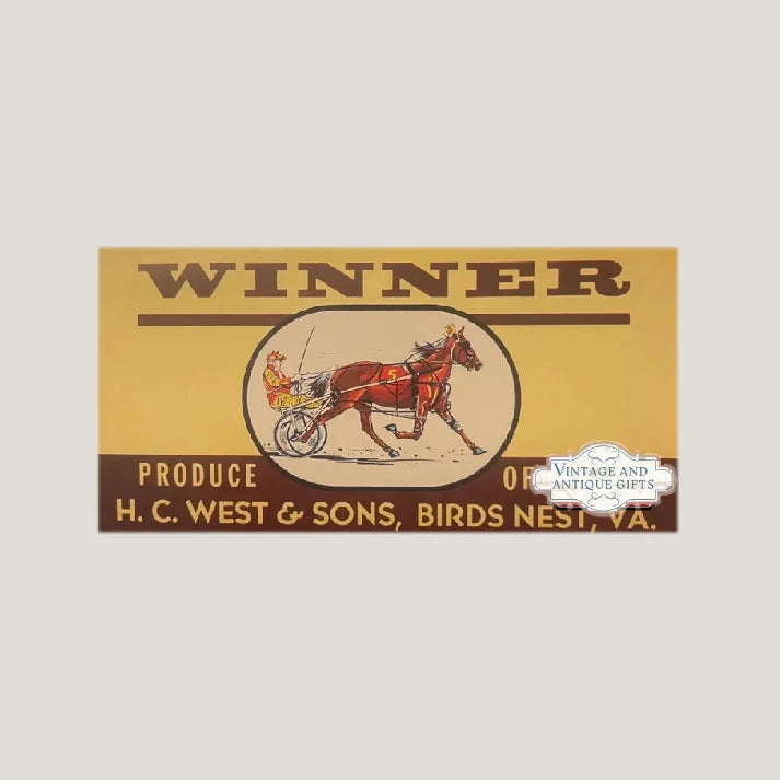 Vintage winner crate label from harness racing in the 1950s for collectible art
