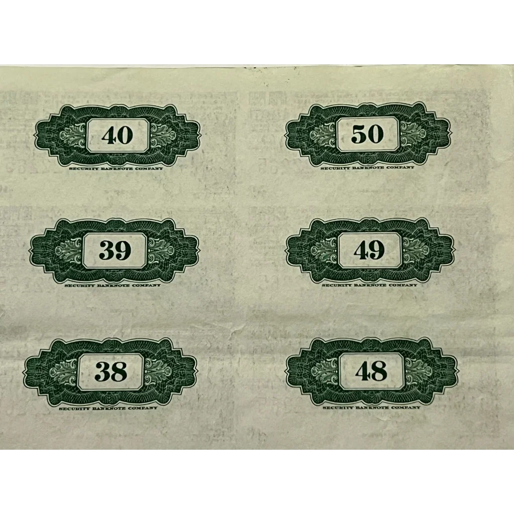 Set of six ornate green number labels on a Rare 1955 New York Central Bond Certificate