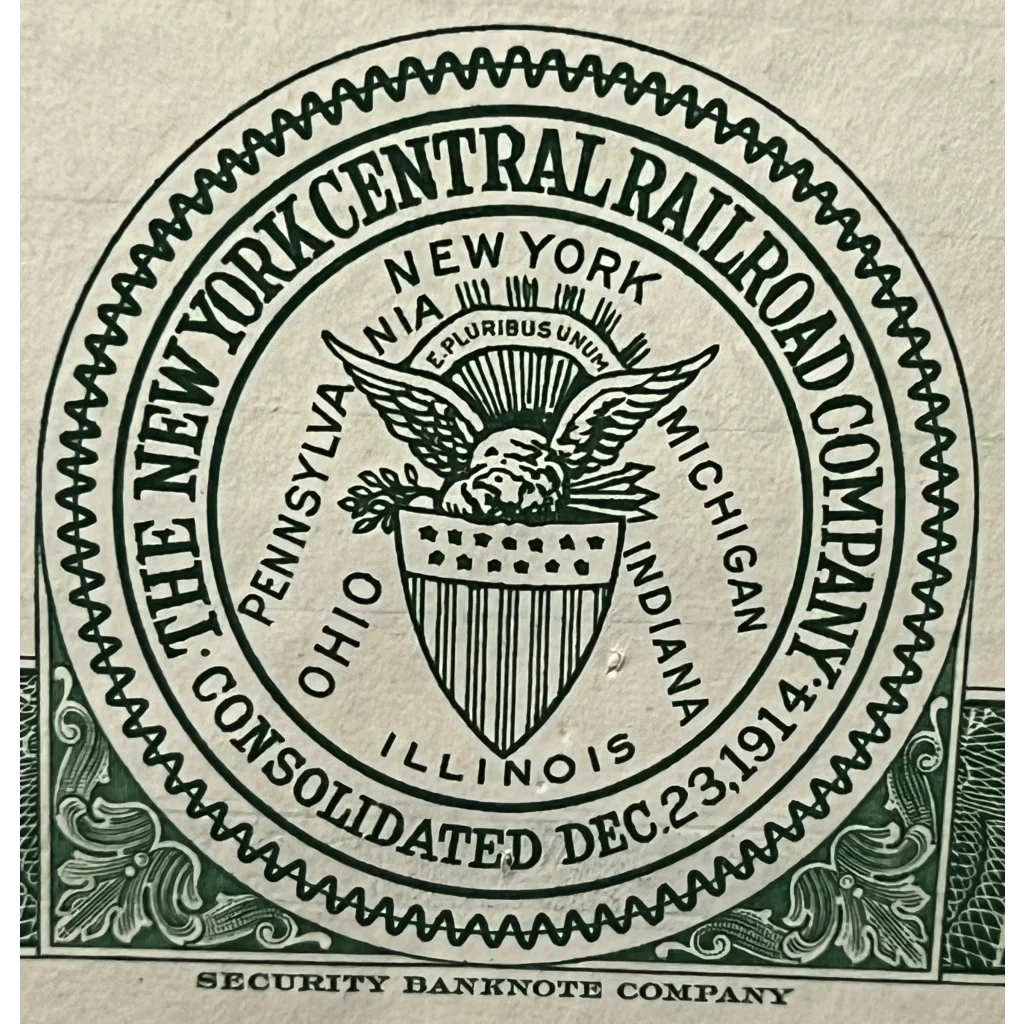 Circular seal of New York Central Railroad with eagle on a rare antique vintage bond certificate