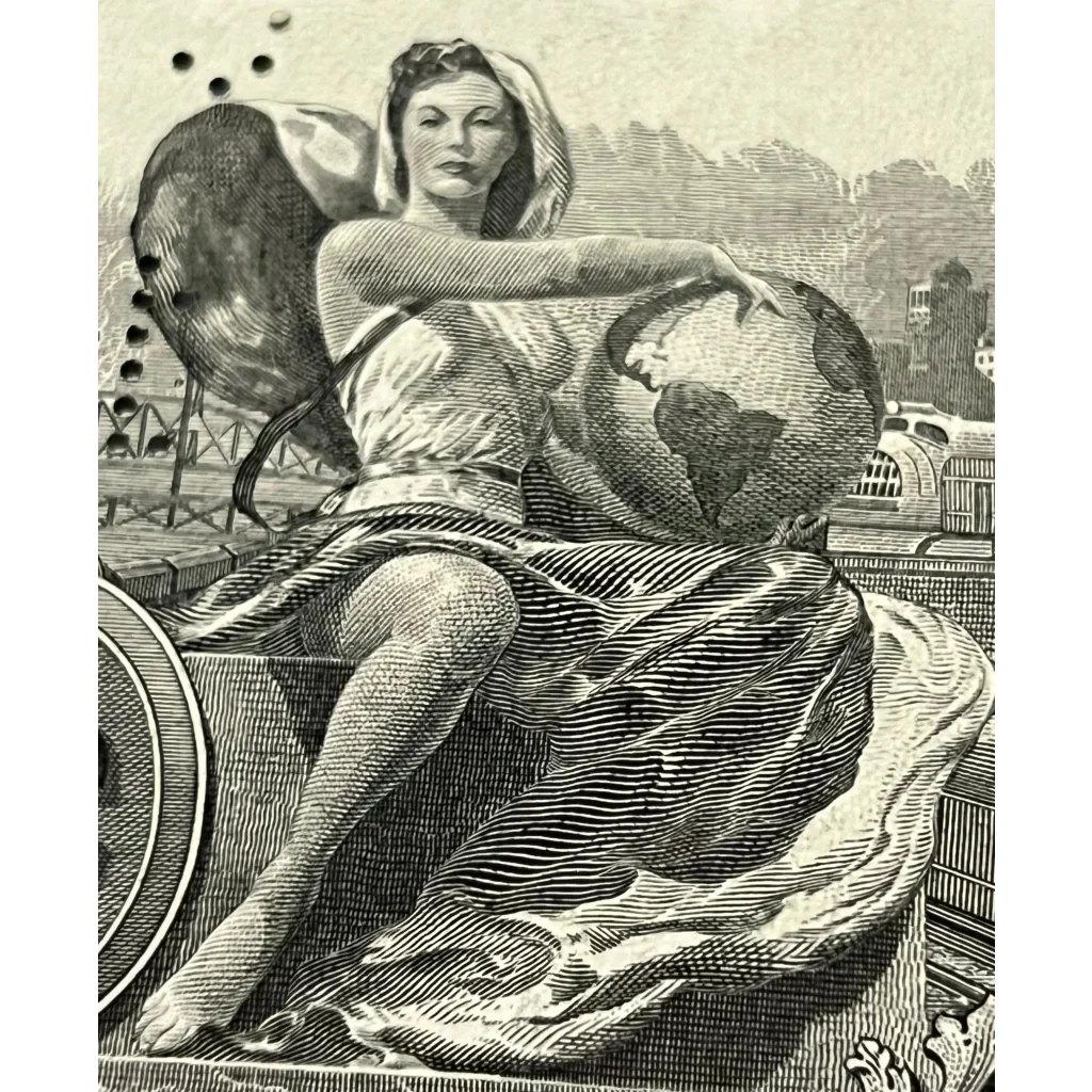 Woman holding a globe on flowing fabric next to Rare 1955 York Central Bond Certificate