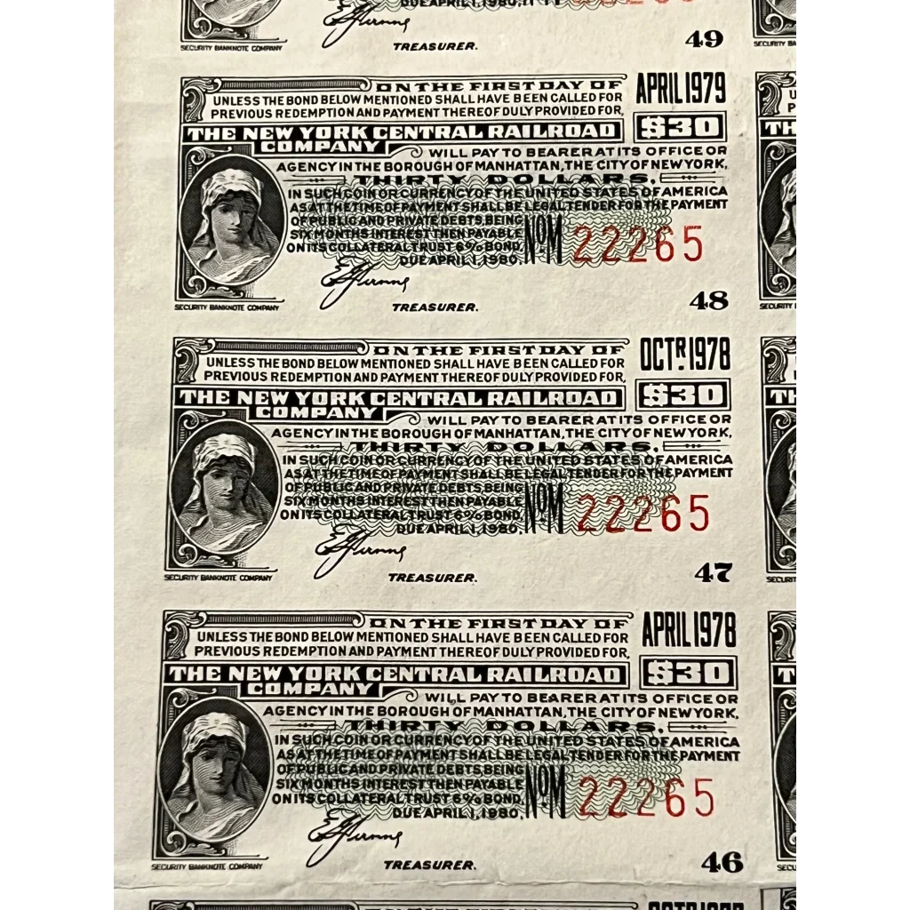 Vintage bond certificates from New York Central, a cool antique vintage find from 1979