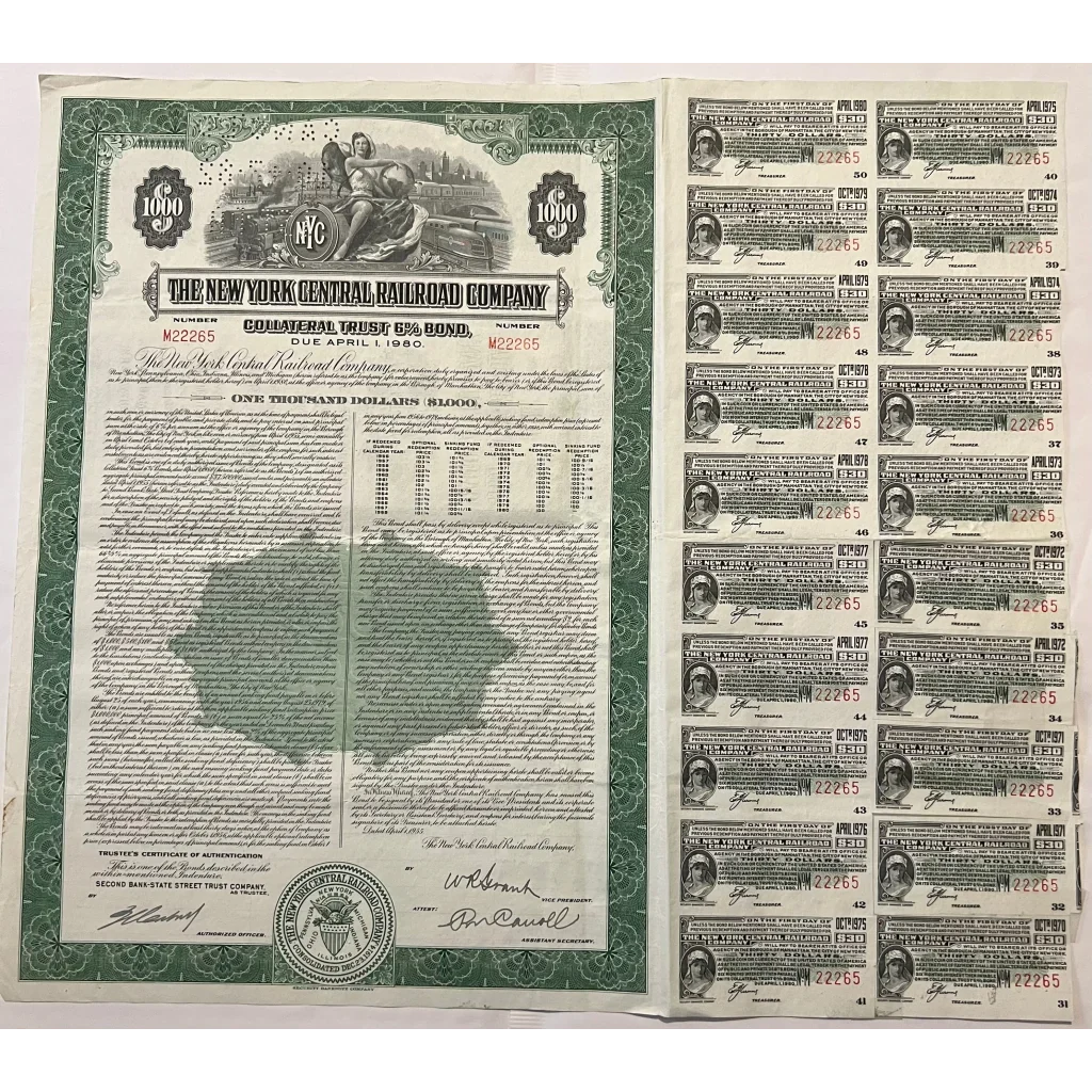 Rare 1955 New York Central Antique Vintage Bond Certificate with coupons attached