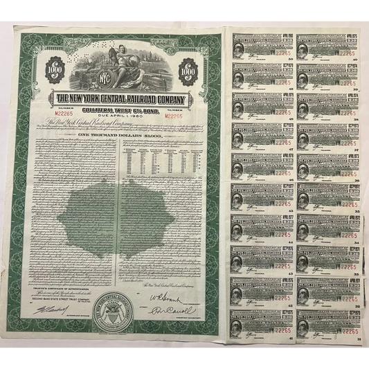 Rare 1955 New York Central Antique Vintage Bond Certificate with coupons attached