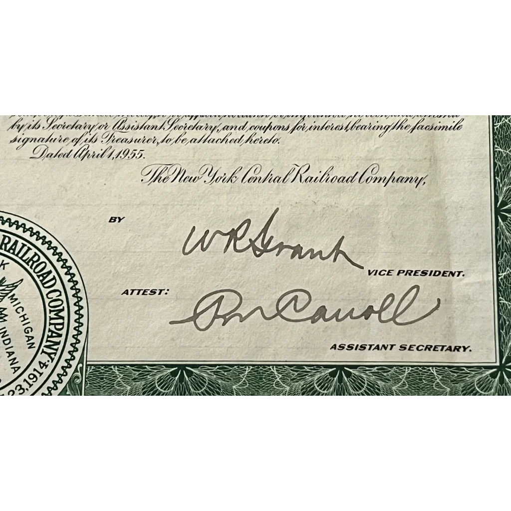 Antique Vintage Bond Certificate from New York Central Railroad with signatures and seal