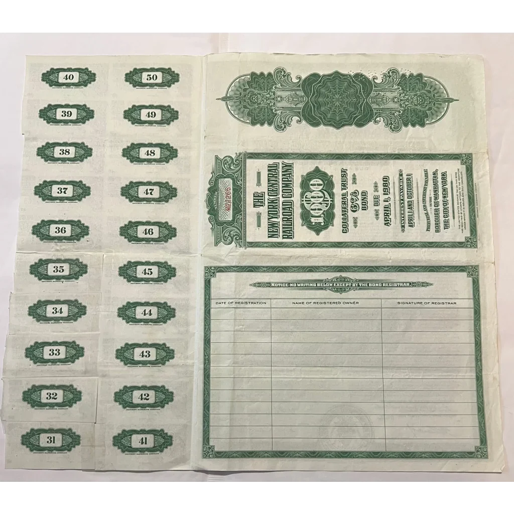 Uncut sheet of green templates featuring York Central Antique Vintage Bond Certificate coupons