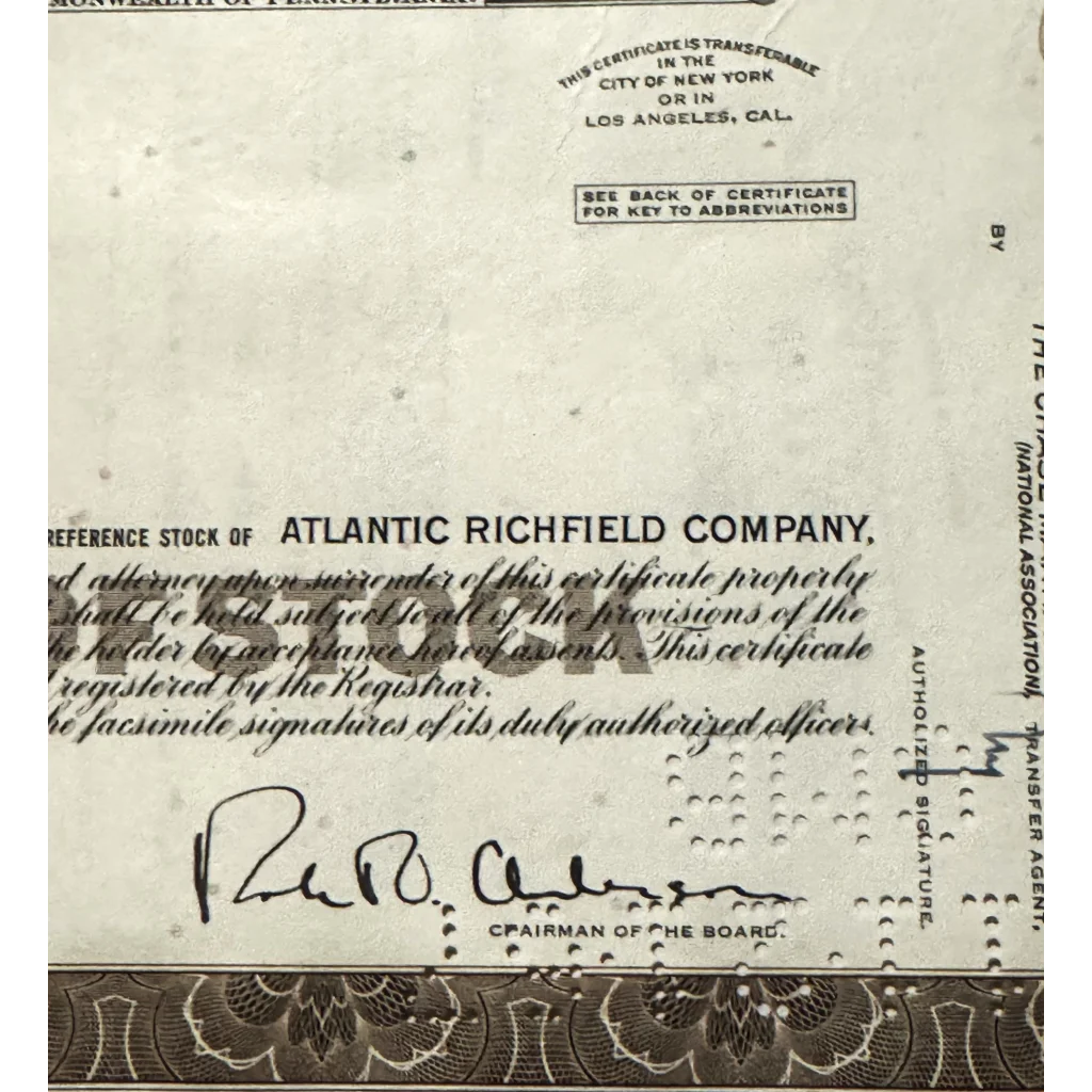 Vintage 1960s Atlantic Richfield stock certificate fragment with signature detail