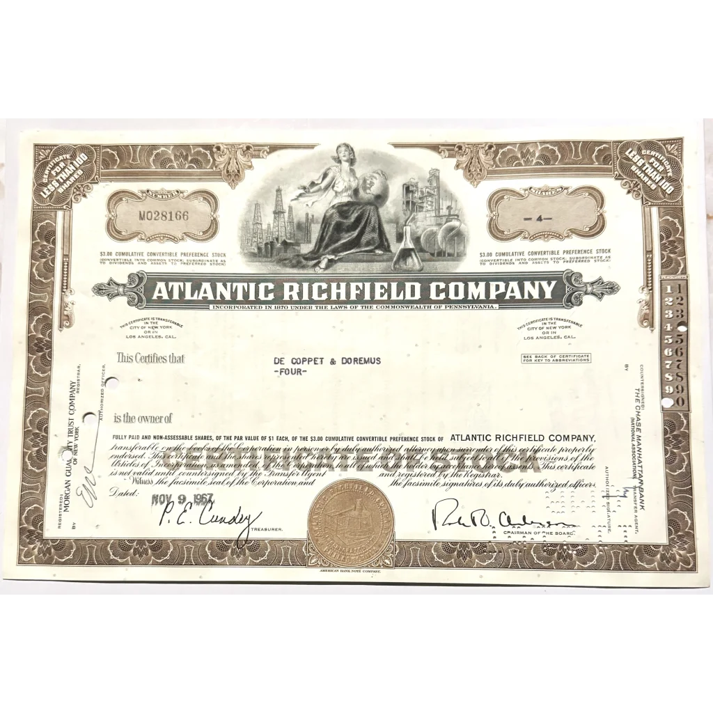 Vintage 1960s Atlantic Richfield Company stock certificate in brown oil Americana style