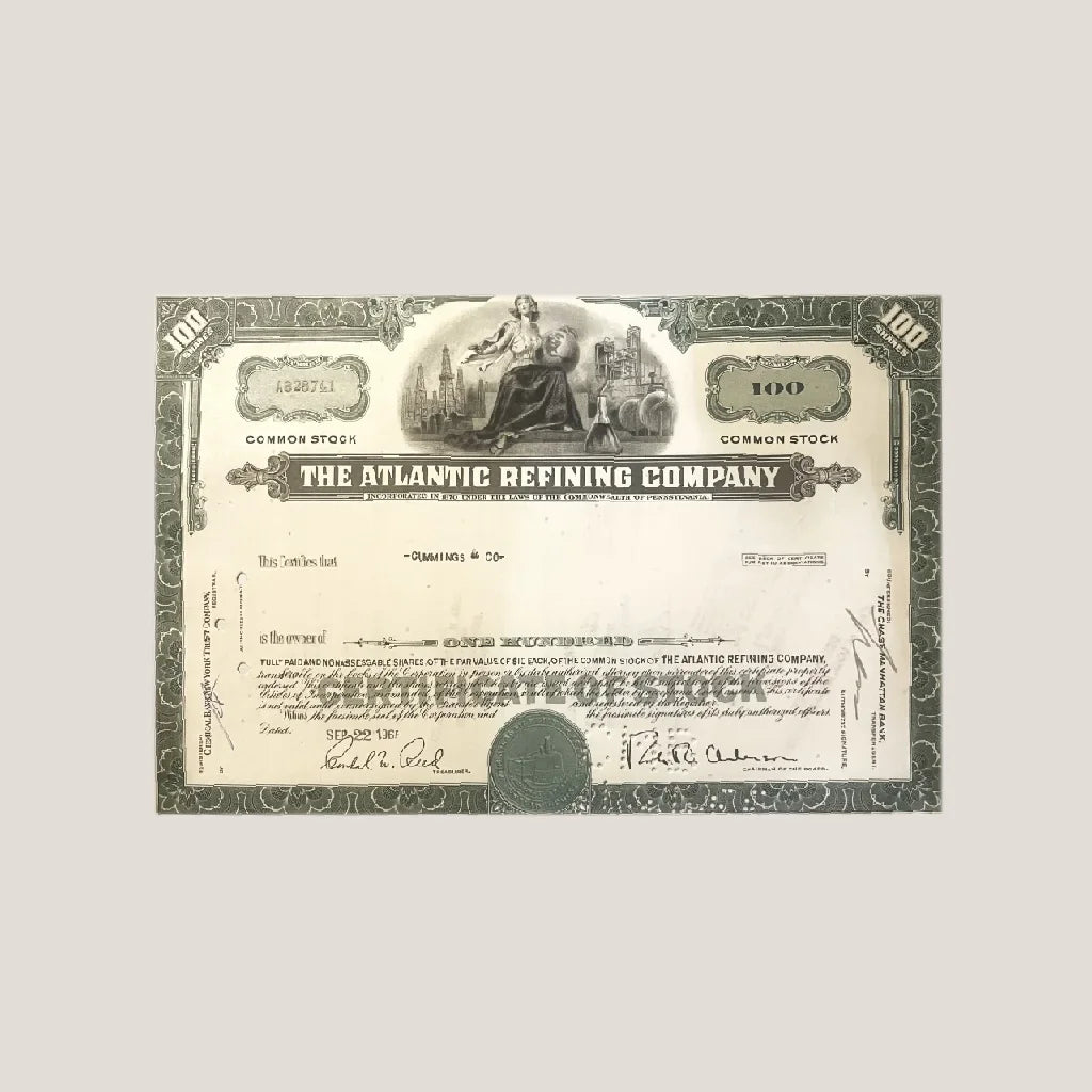 Vintage 1960s Atlantic Refining Company stock certificate showcasing oil americana style