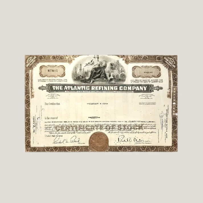 Antique Atlantic Refining Company stock certificate from the oil industry era