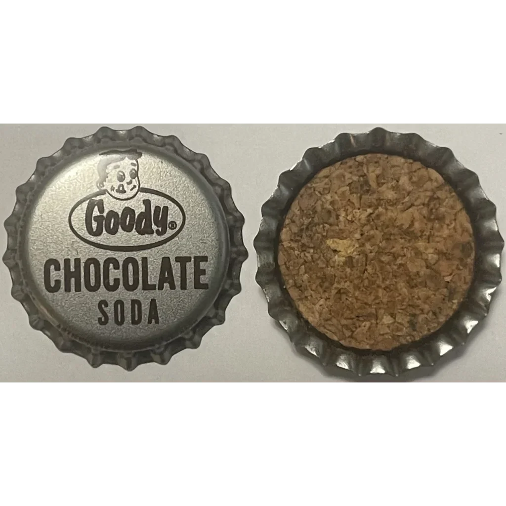 Vintage Goody Chocolate Soda cork bottle cap from Indianapolis, shown on both sides