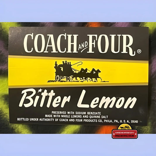 Vintage-style Coach and Four Bitter Lemon soda beverage label from 1960s Philadelphia