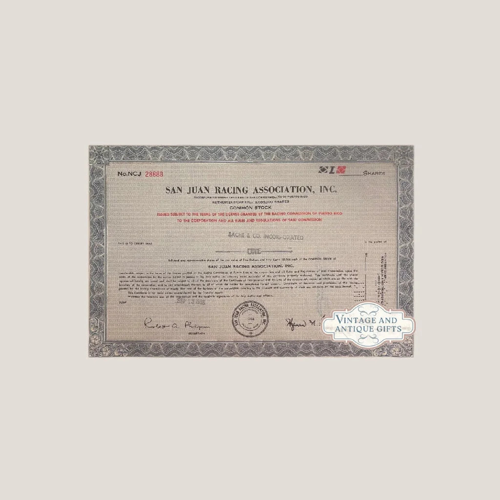 Vintage San Juan racing stock certificate wall art for racing fans and vintage collectors