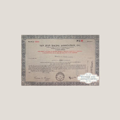 Vintage San Juan racing stock certificate wall art for racing fans and vintage collectors