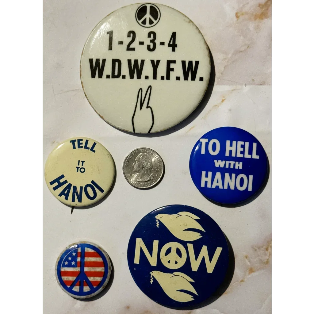 Vietnam War-era anti-war protest buttons and peace pins from the 1960s