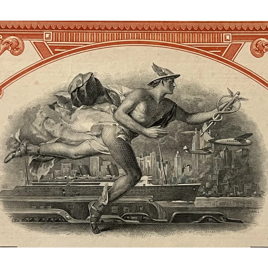 Engraving of a muscular winged figure with a caduceus on a Gold Bond Certificate