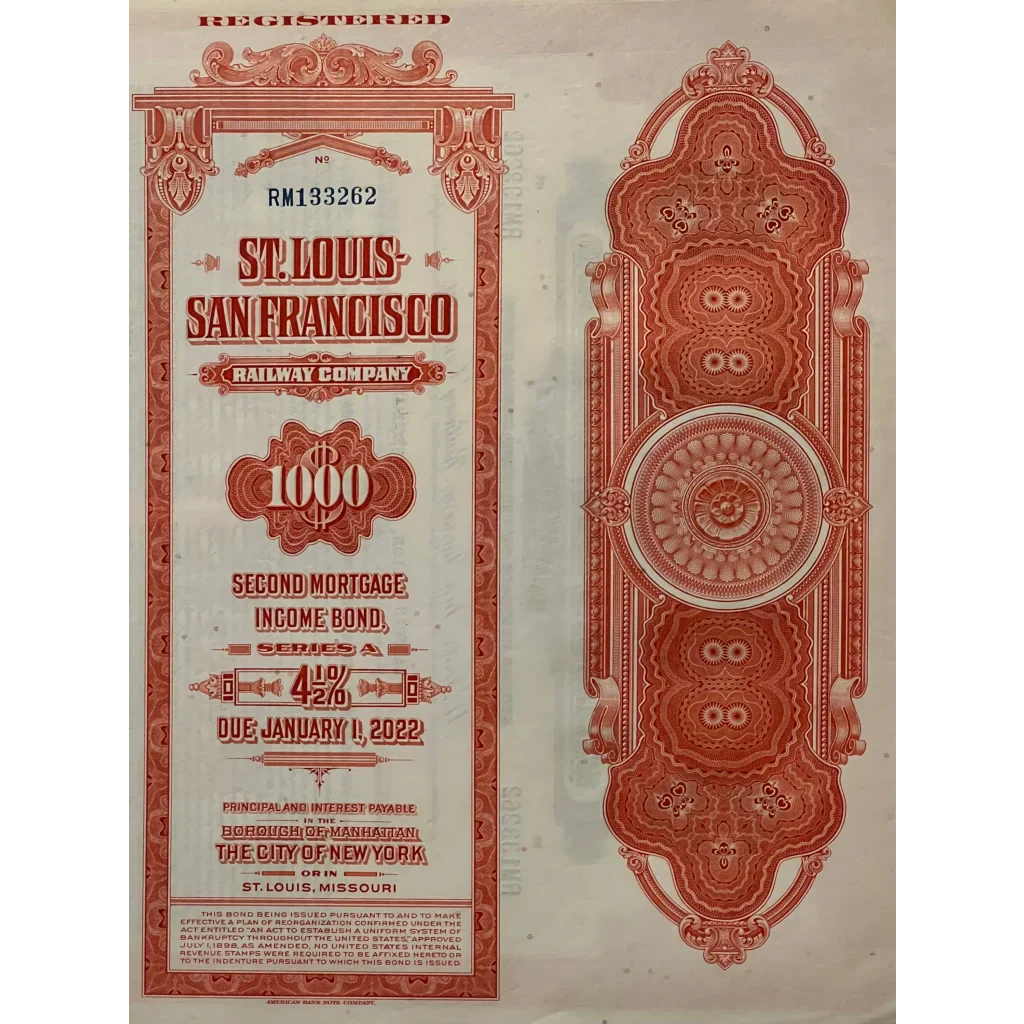 Vintage St. Louis San Francisco Railway gold bond certificate from 1963 showcasing rich history