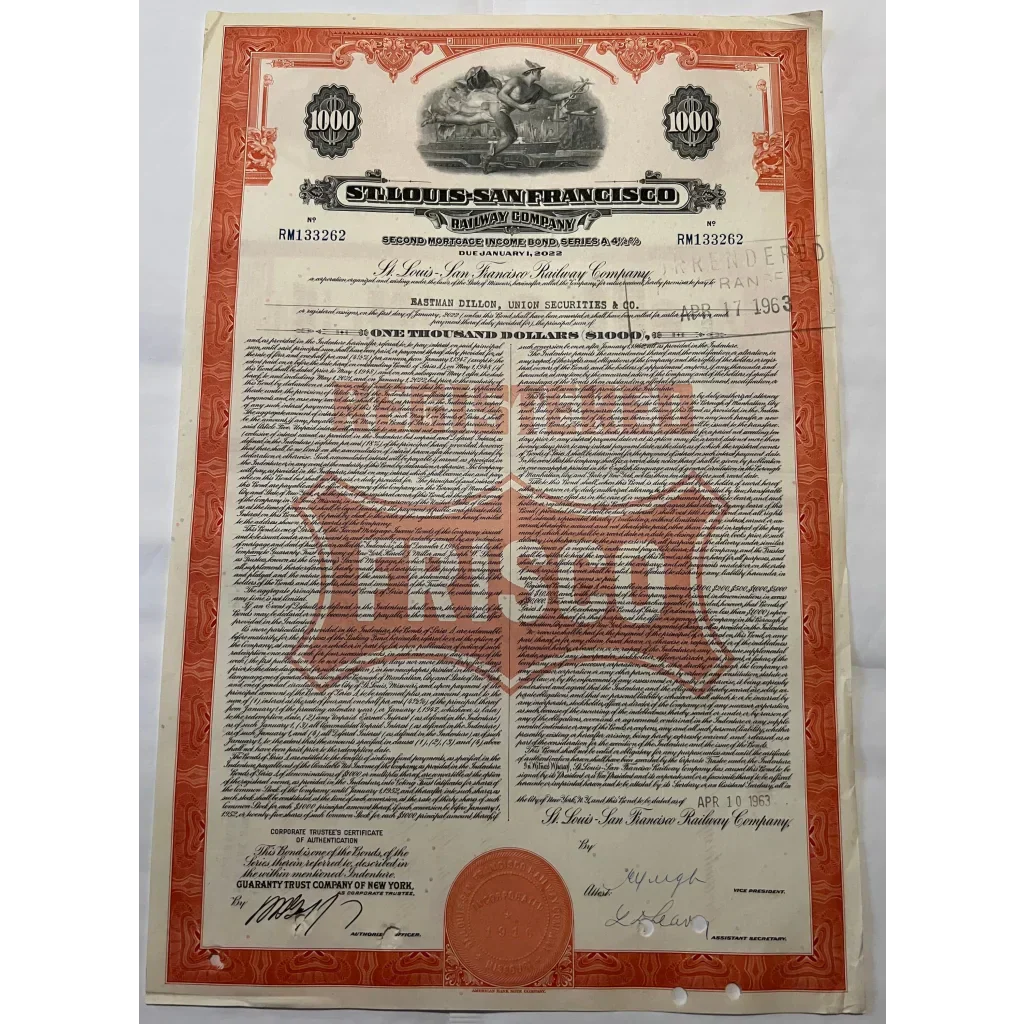 A Rare 1963 St. Louis San Francisco Railway gold bond certificate in orange-red design