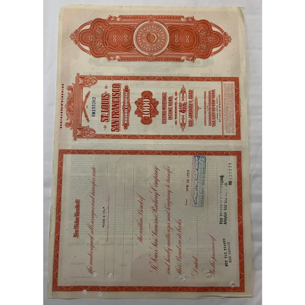 Vintage gold bond certificate with ornate red designs from St. Louis San Francisco Railway