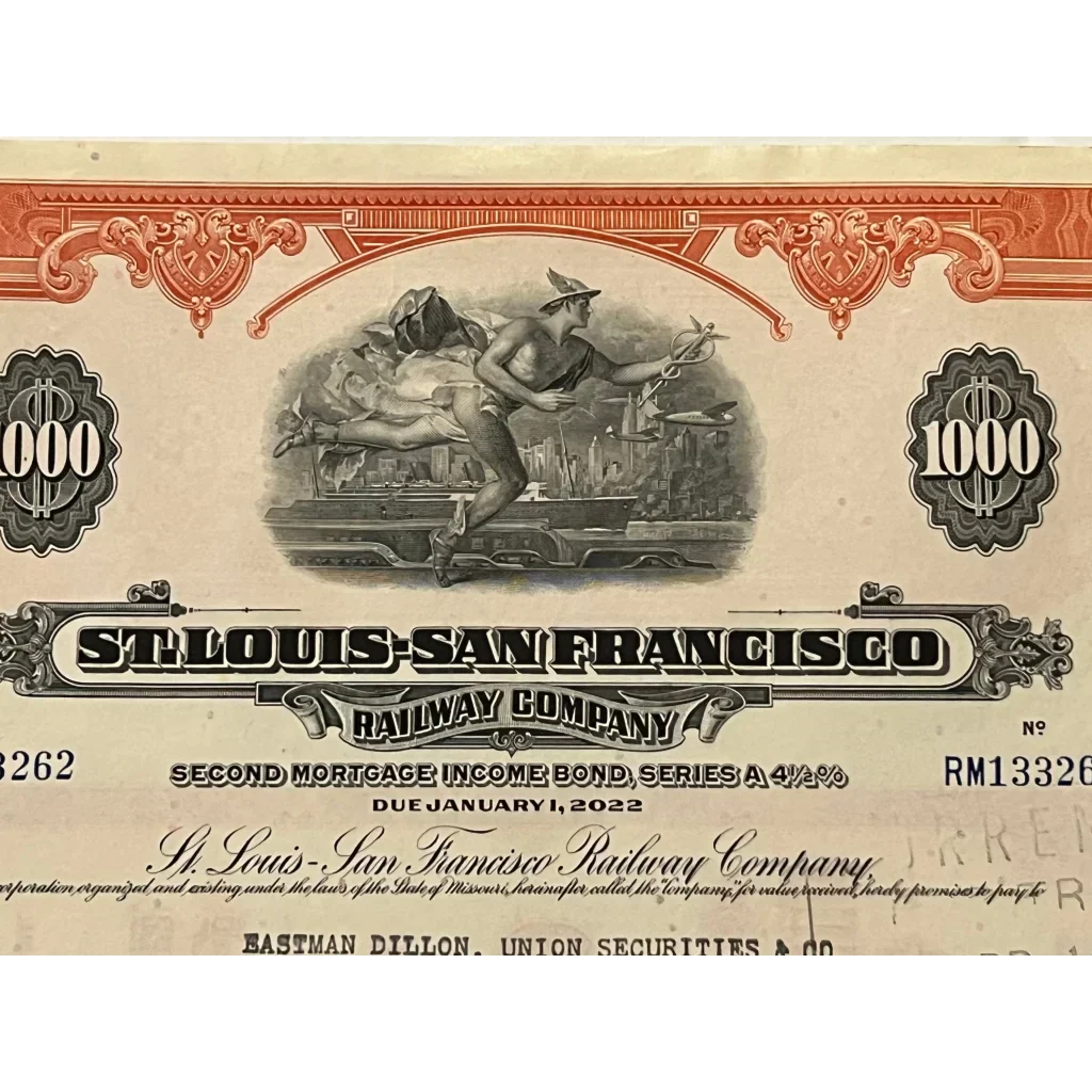 Vintage St. Louis-San Francisco Railway gold bond certificate from 1963, a rare collectible