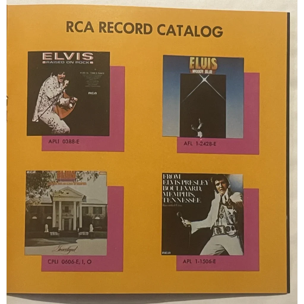 RCA record catalog showcasing 1970s Elvis Presley album covers in Rare Concert Photos