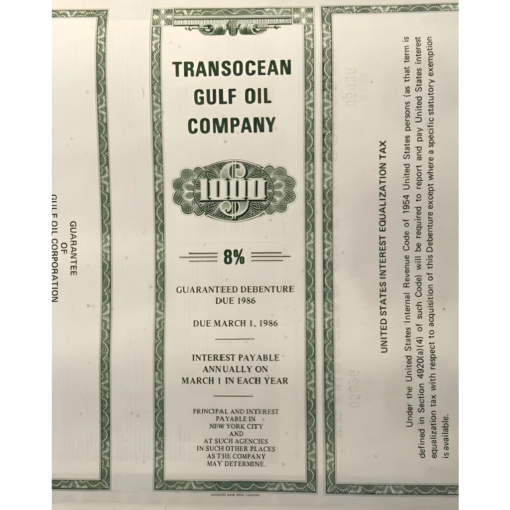 Rare 1971 Transocean Gulf Oil Bond Certificate for collectors of vintage stock certificates