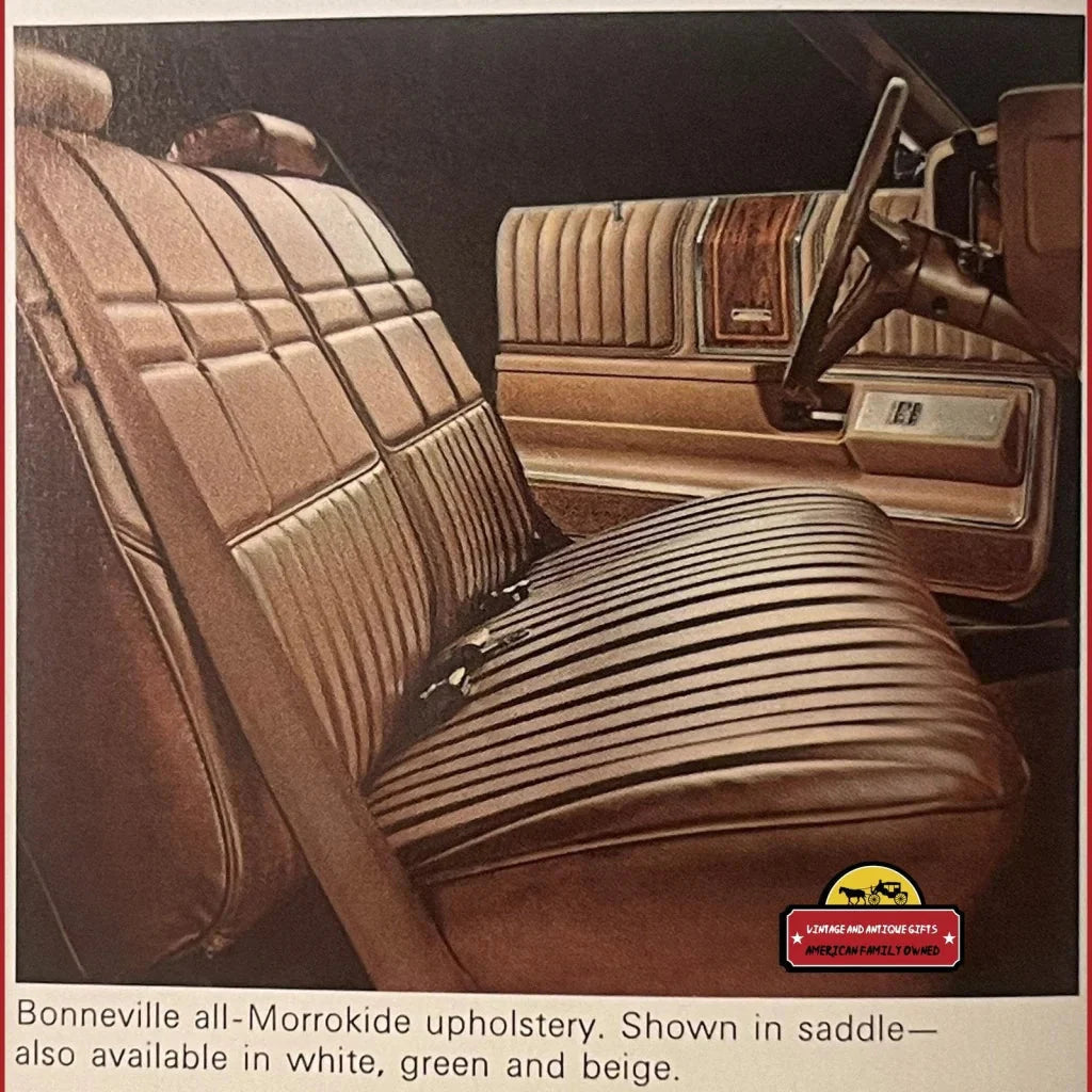 Vintage Pontiac Bonneville interior with plush leather seats from a dealer brochure