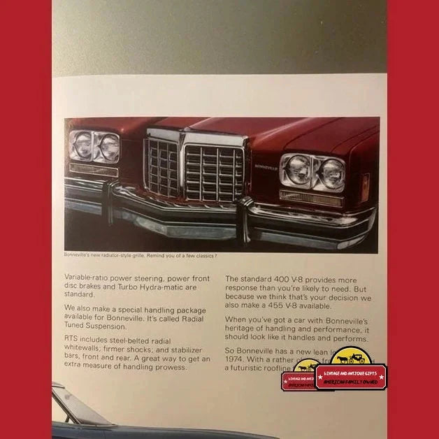 Front grille and headlights of a classic Pontiac Bonneville from 1974 in a dealer brochure