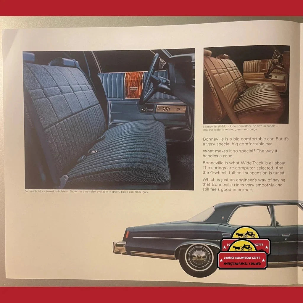 Vintage 1974 Pontiac Bonneville dealer brochure highlighting interior and exterior design