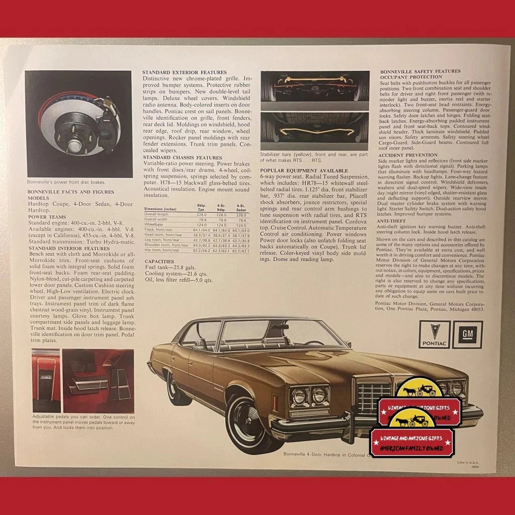 Vintage dealer brochure showcasing a gold Pontiac Bonneville from the 1970s