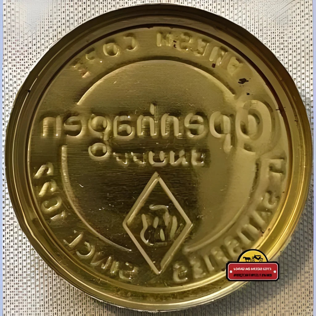 Gold-colored commemorative coin with engraved symbols from Rare Copenhagen Snuff Tin