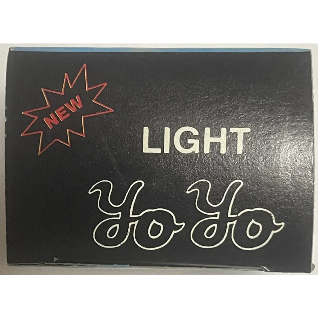 Black sign showcasing NEW LIGHT YoYo in colorful styles for a 1980s vintage light toy