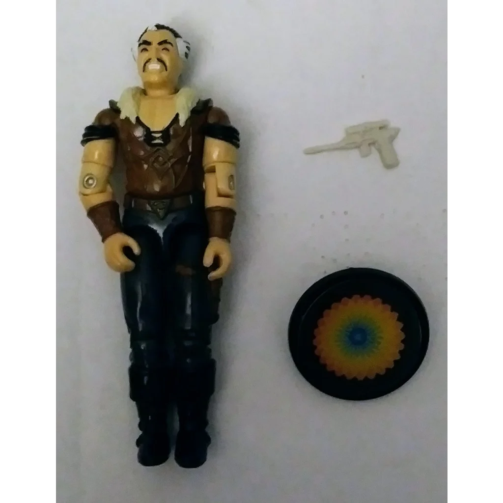 Rare 1987 Cobra action figure hypnotist with mustache, gun, and disc