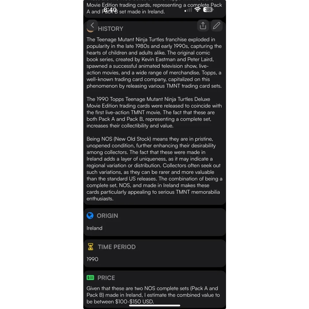 Image of Rare 1990 Teenage Mutant Ninja Turtles Deluxe Movie Edition trading cards made in Ireland for the deluxe movie set