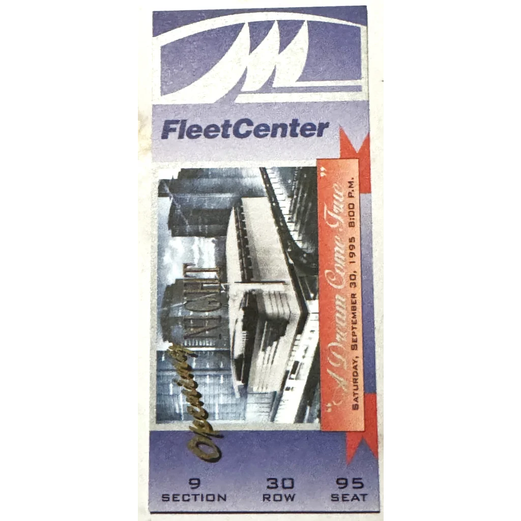 Rare 1995 FleetCenter opening night ticket with seating info and cityscape background