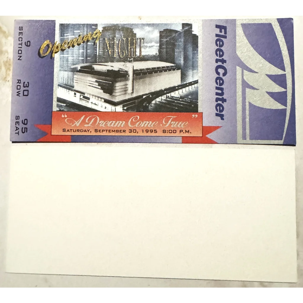 Rare 1995 FleetCenter opening night ticket with seating info and cityscape background