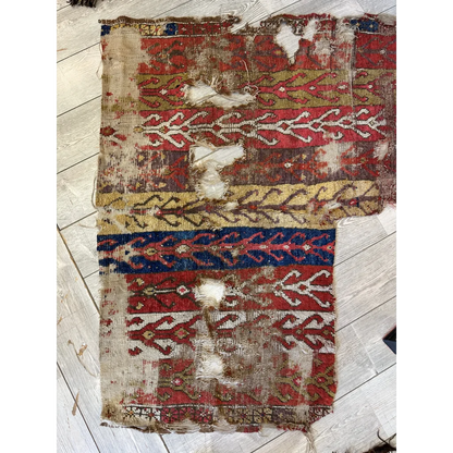 19th century Anatolian rug fragment, madder red olive gold and indigo, vine band motifs, natural dyes