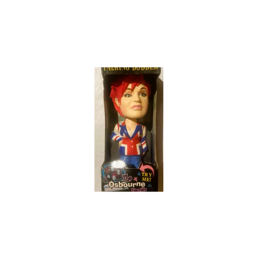 Bobblehead figure of Sharon Osbourne in Union Jack outfit with bright red hair