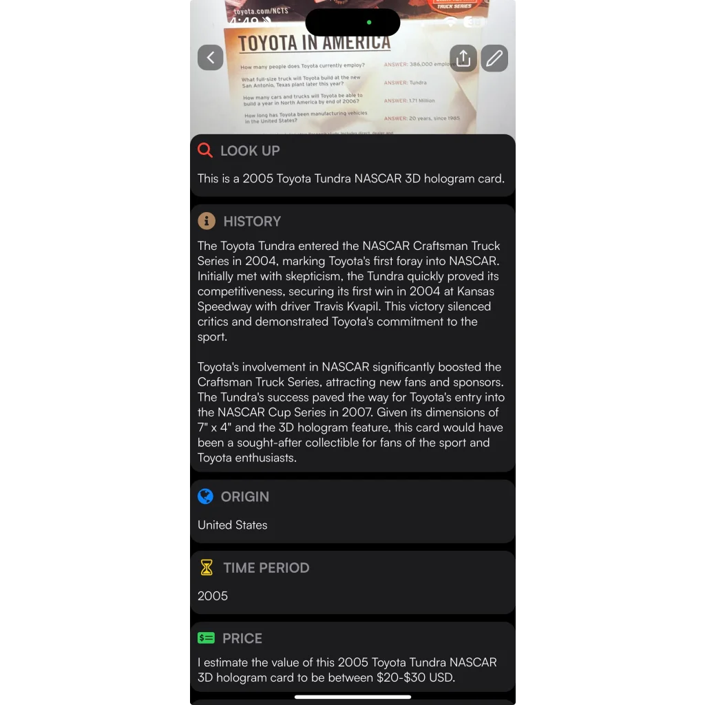 Rare 2005 NASCAR Winston Craftsman Toyota Tundra hologram card showing info