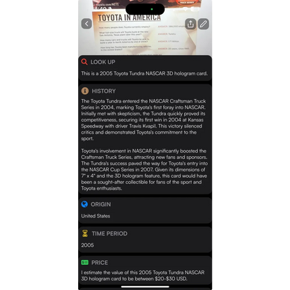 Rare 2005 NASCAR Winston Craftsman Toyota Tundra hologram card showing info